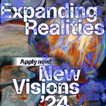 Expanding Realities - New Visions 2024, a woman, many colorful circles and robots on a rock