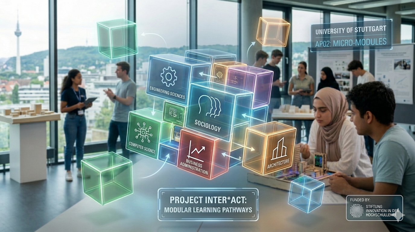A view of a brightly lit university lecture theatre in Stuttgart filled with students, overlaid with a futuristic, three-dimensional graphic. The graphic depicts luminous, modular cubes (micromodules) representing various disciplines.