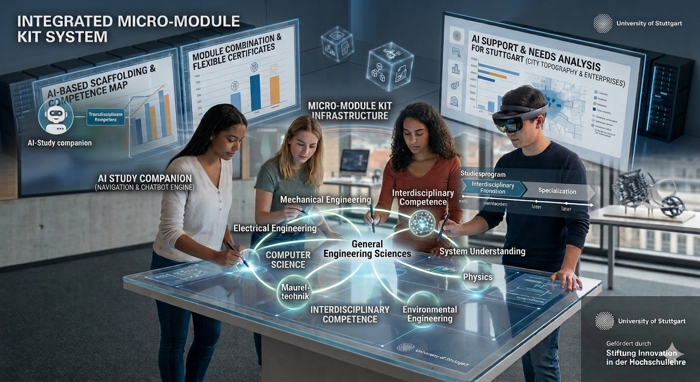 Four students are working in a bright university room at a large, interactive touch-screen table, on which a vibrant, interconnected network of disciplines such as computer science, electrical engineering, mechanical engineering and environmental engineering is depicted, centred around the key concept of ‘general engineering’.