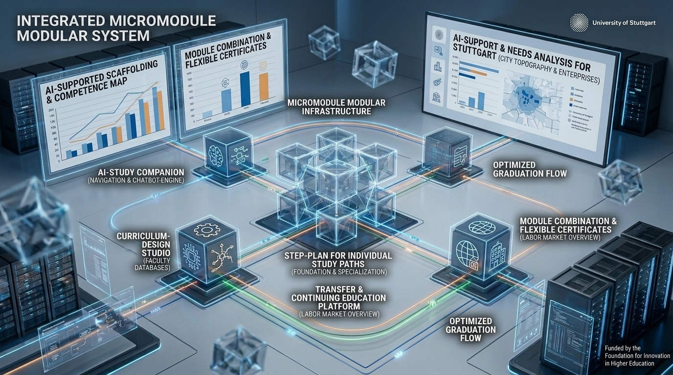 A purely technical, three-dimensional system diagram in a server room, illustrating the AI infrastructure. At its centre is a luminous, modular cube complex, symbolising the modular micro-module system.