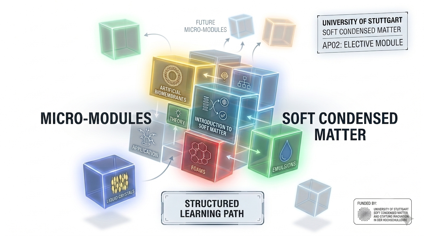 The image shows a construction kit for the micro-module "Soft Condensed Matter" with the building blocks: emulsions, liquid crystals, foams, and (artificial) biomembranes.