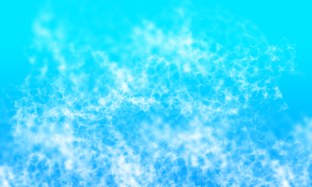 A digital, abstract background featuring a web of interconnected lines and nodes against a bright blue gradient. The image resembles a network or cloud-like structure, evoking themes of technology, data, and connectivity